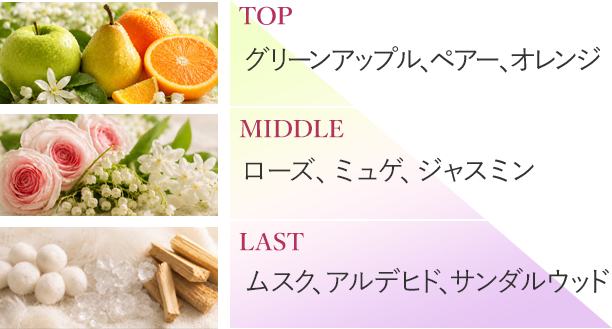 TOP グリーンアップル、ペアー、オレンジ MIDDLE ローズ、ミュゲ、ジャスミン LAST ムスク、アルデヒド、サンダルウッド