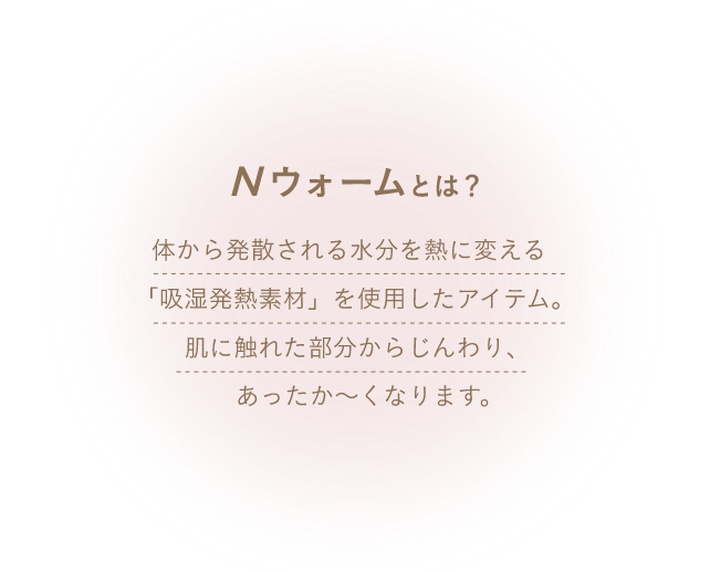 Nウォームとは? 体から発散される水分を熱に変える 「吸湿発熱素材」を使用したアイテム。肌に触れた部分からじんわり、あったか～くなります。