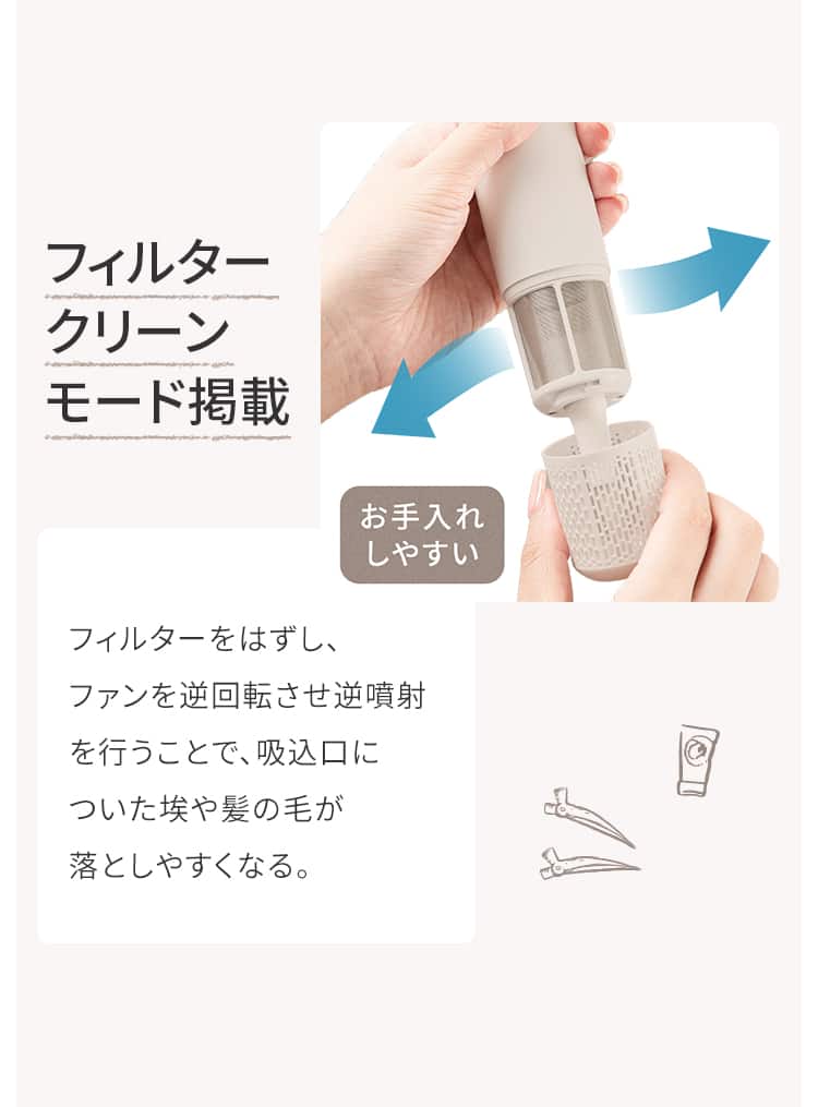 フィルタークリーンモード掲載 フィルターをはずし、ファンを逆回転させ逆噴射を行うことで、吸込口についた埃や髪の毛が 落としやすくなる。