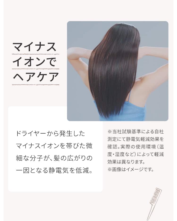マイナスイオンでヘアケア ドライヤーから発生したマイナスイオンを帯びた微細な分子が、髪の広がりの一因となる静電気を低減。