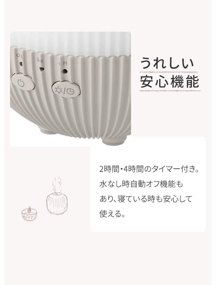 うれしい安心機能 2時間・4時間のタイマー付き。水なし時自動オフ機能もあり、寝ている時も安心して使える。