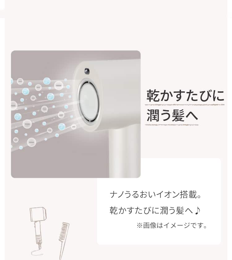 乾かすたびに潤う髪へ ナノうるおいイオン搭載。乾かすたびに潤う髪へ♪