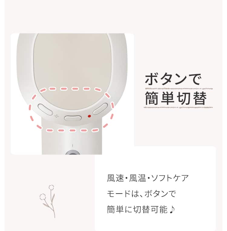 ボタンで簡単切替 風速・風温・ソフトケアモードは、ボタンで簡単に切替可能♪