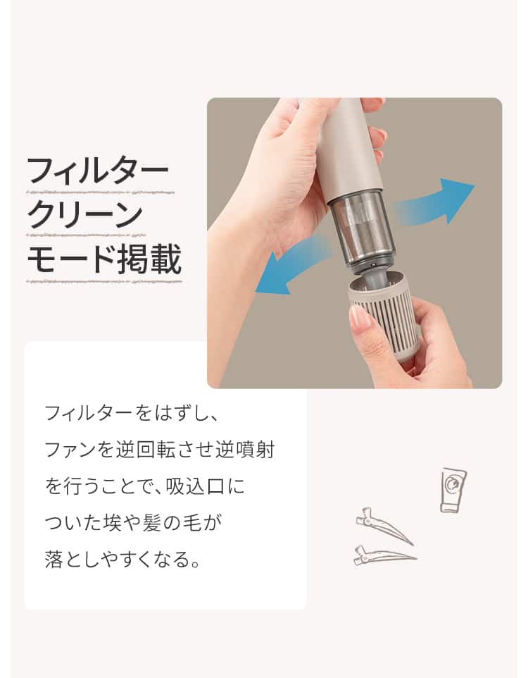フィルタークリーンモード掲載 フィルターをはずし、ファンを逆回転させ逆噴射を行うことで、吸込口についた埃や髪の毛が落としやすくなる。