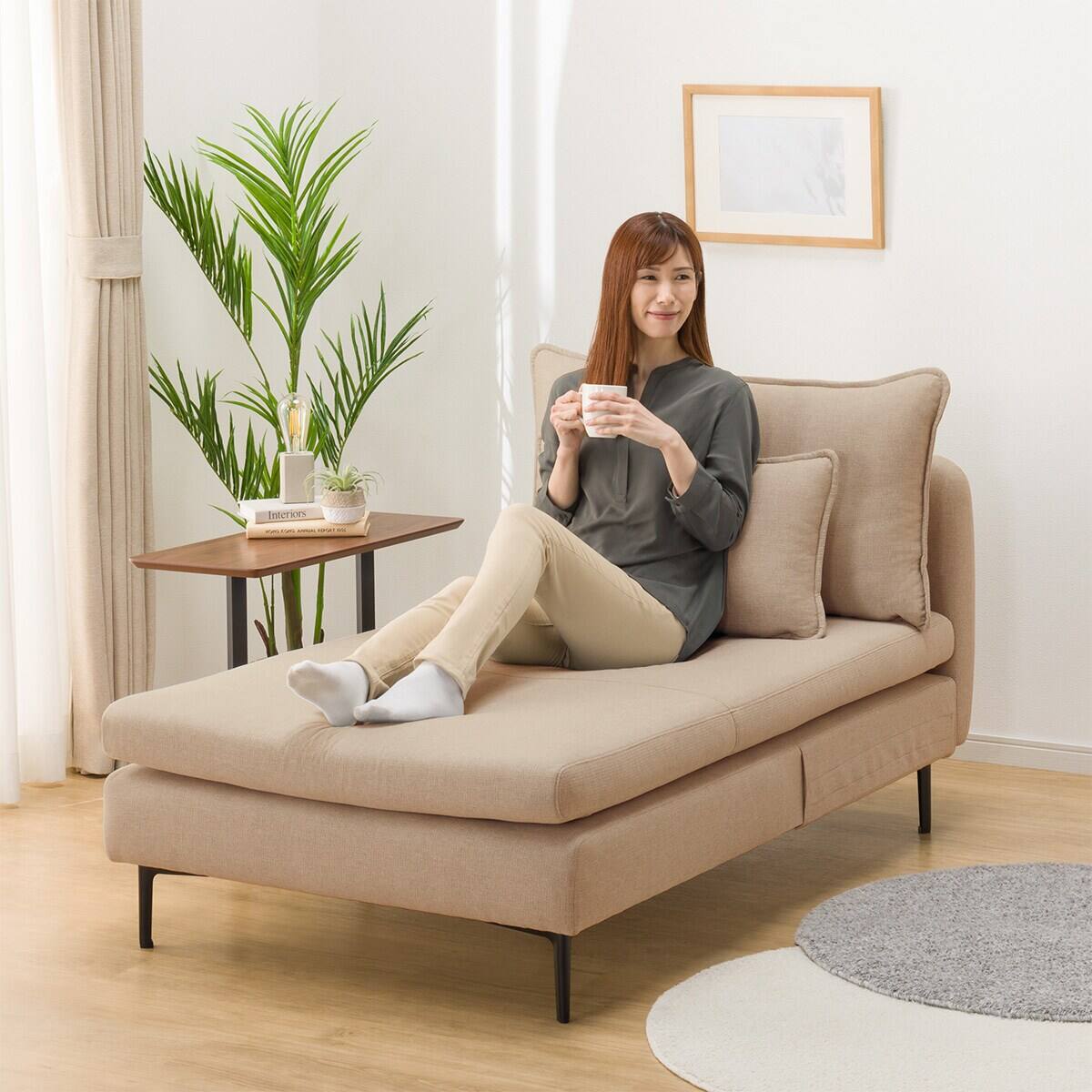 広い座面のゆったり シェーズロング + ヘッドレスト1本セット 布張り