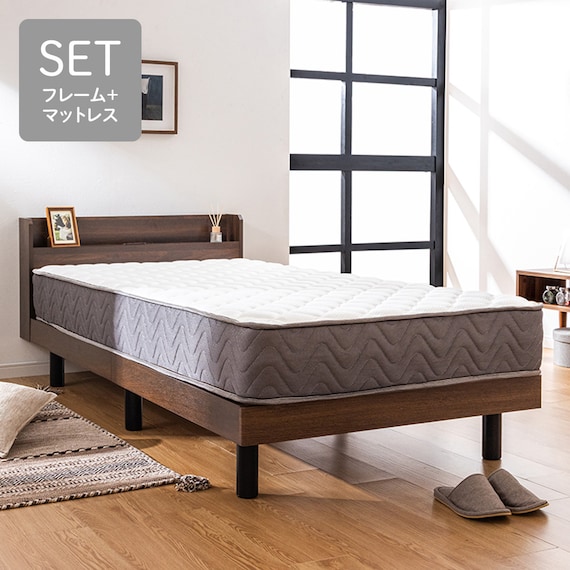 シングル マットレス付き棚付きすのこベッド (MRS ブラウン / SLT01) 1枚目画像