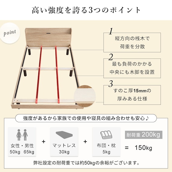 シングル 棚付きすのこベッドとマットレスセット (MRS ブラウン / NPR ボンネルコイル) 12枚目画像