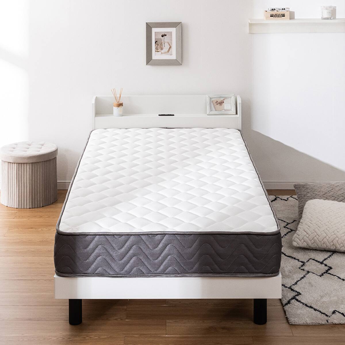 シングル マットレス付き棚付きすのこベッド (MRS ホワイト / SLT01