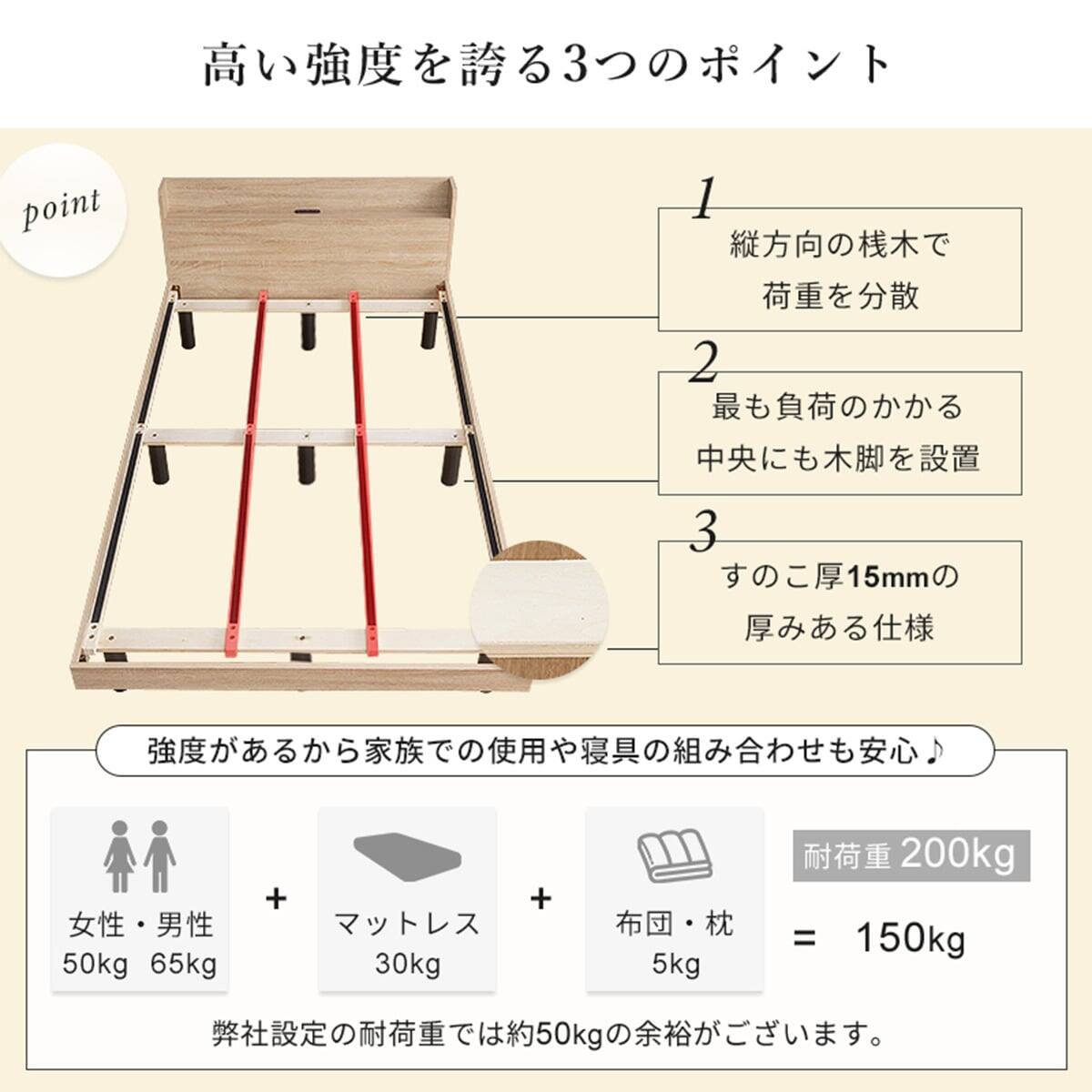 ダブル 棚付きすのこベッドとマットレスセット (MRS ナチュラル / NPR