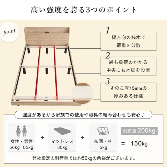 ダブル 棚付きすのこベッドとマットレスセット (MRS ナチュラル / NPR ボンネルコイル) 12枚目画像