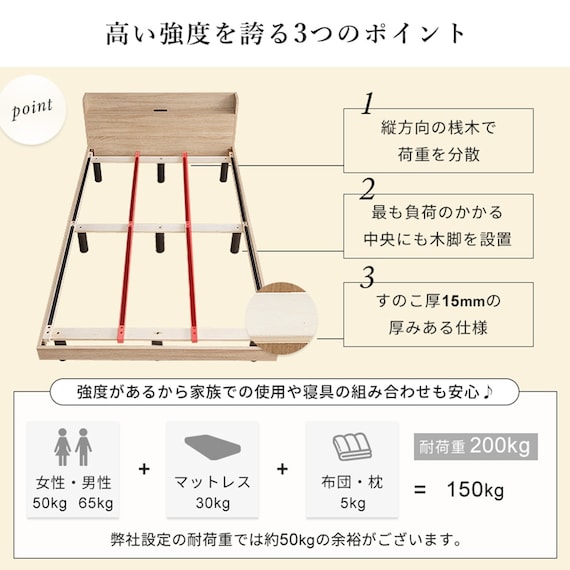 ダブル 棚付きすのこベッドとマットレスセット (MRS ナチュラル / NPR ボンネルコイル) 12枚目画像