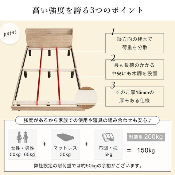 ダブル マットレス付き棚付きすのこベッド (MRS グレー / SLT01) 12枚目画像