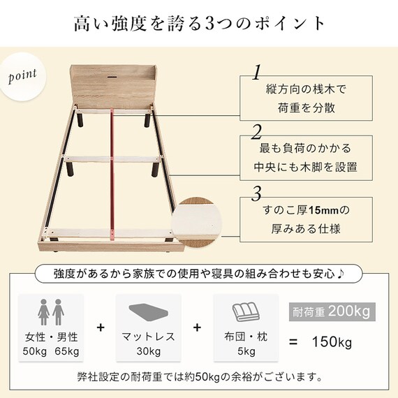 ダブル マットレス付き棚付きすのこベッド (MRS グレー / NRRS) 12枚目画像