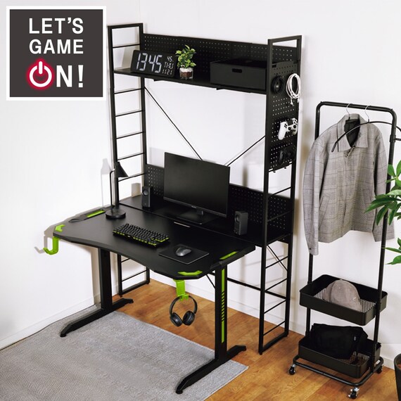 ゲーミングデスク + 伸縮できるゲーミングシェルフセット (GM001BKGR/GM015 BK) 1枚目画像