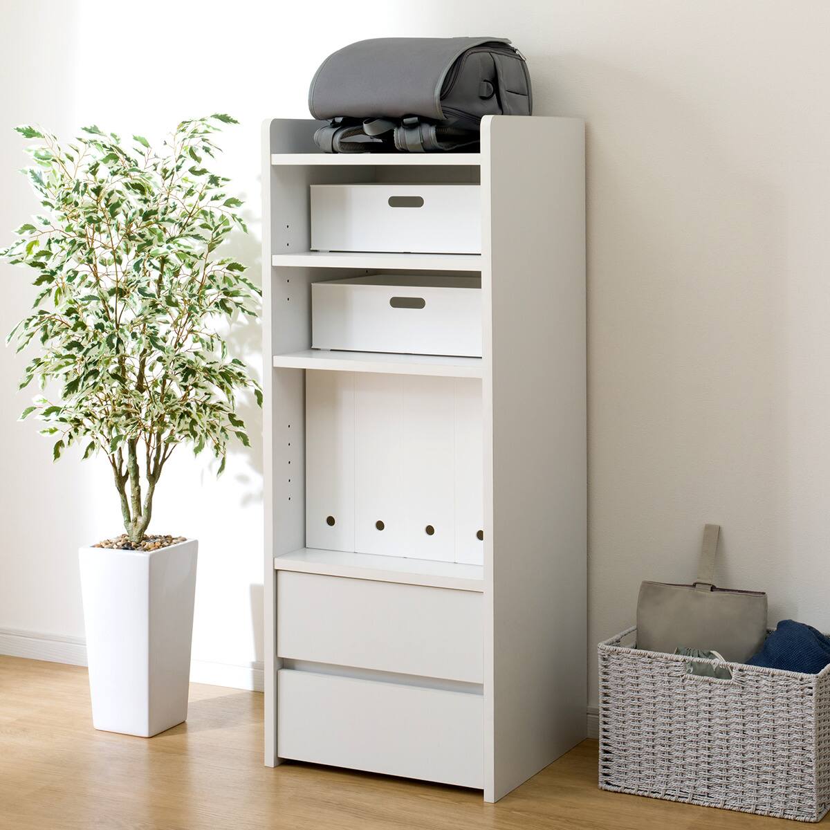 上棚付きコンパクトデスク + ワゴン + シェルフセット (ES23 WH