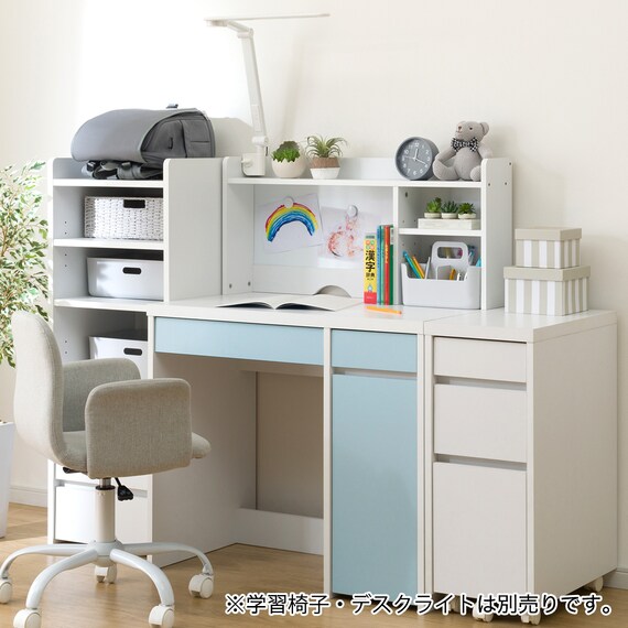 上棚付きコンパクトデスク + ワゴン + シェルフセット (ES23 WH/TBL) 1枚目画像