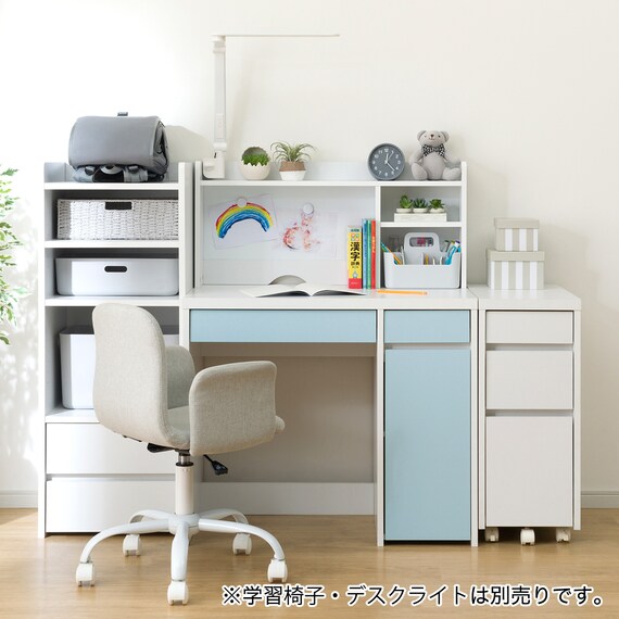 上棚付きコンパクトデスク + ワゴン + シェルフセット (ES23 WH/TBL) 2枚目画像