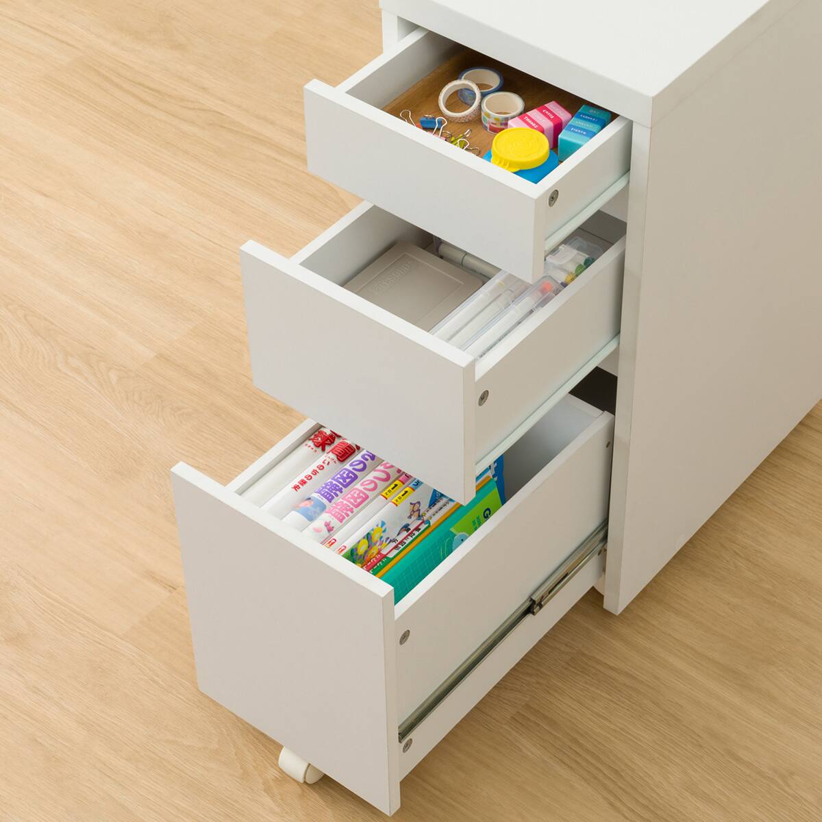 上棚付きコンパクトデスク + ワゴン + シェルフセット (ES23 WH/TBL