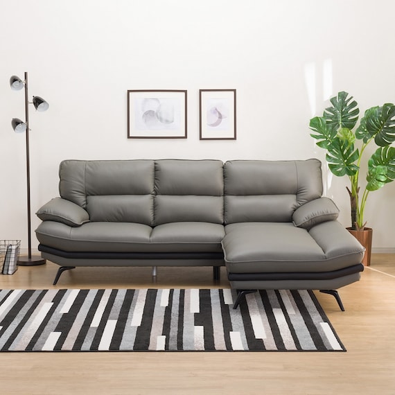 コーナーソファ ヘッドレスト付き 本革(一部合成皮革)タイプ (ロゾKD 左カウチ DGY) 5枚目画像