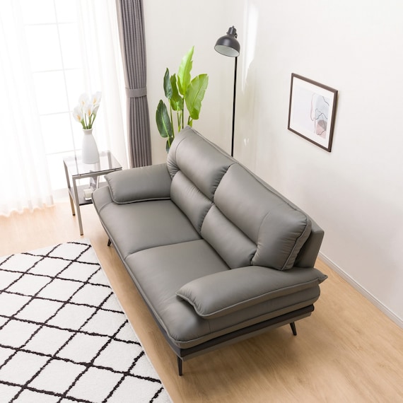 2人掛けワイドソファ ヘッドレスト付き 本革(一部合成皮革)タイプ (ロゾKD DGY) 5枚目画像