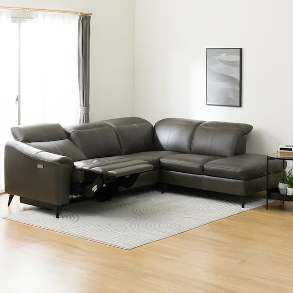 電動リクライニングコーナーソファ 本革(一部合成皮革)タイプ (LB066 左カウチ C2DGY) 1枚目画像