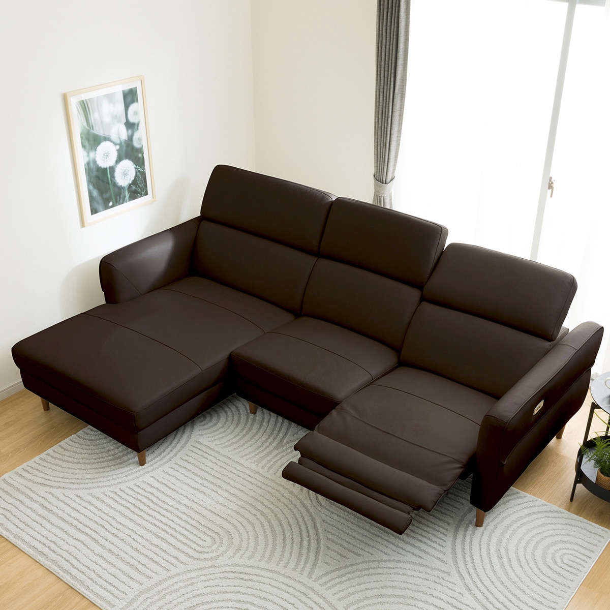 電動カウチソファ 本革(一部合成皮革)タイプ (KK026 右カウチ DBR