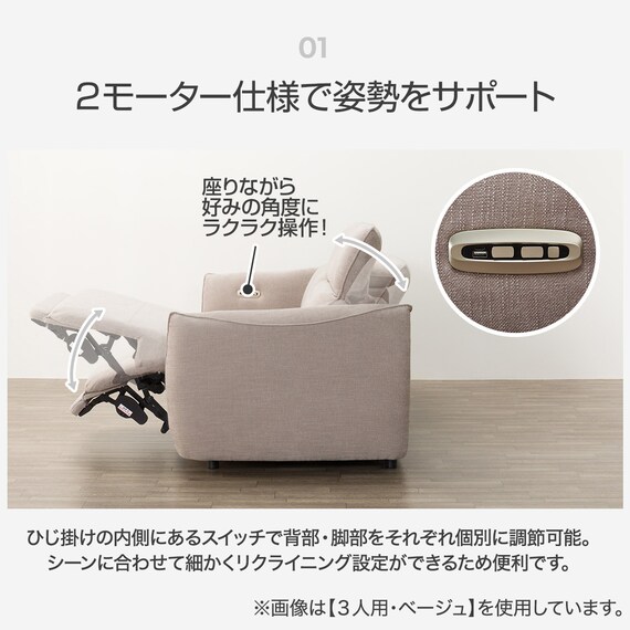 3人掛け電動リクライニングソファ 布張りタイプ (LE09 2モーター YGR) 3枚目画像