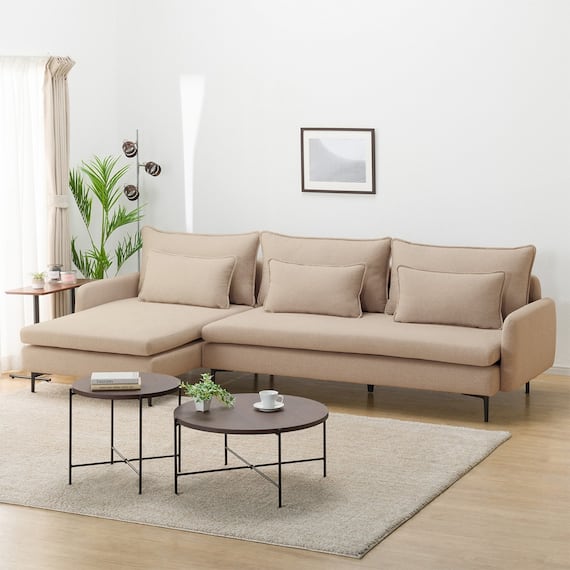 広い座面のゆったり 3人掛けソファ + シェーズセット 布張りタイプ (MS01 3P/シェーズ 肘あり BE) 1枚目画像