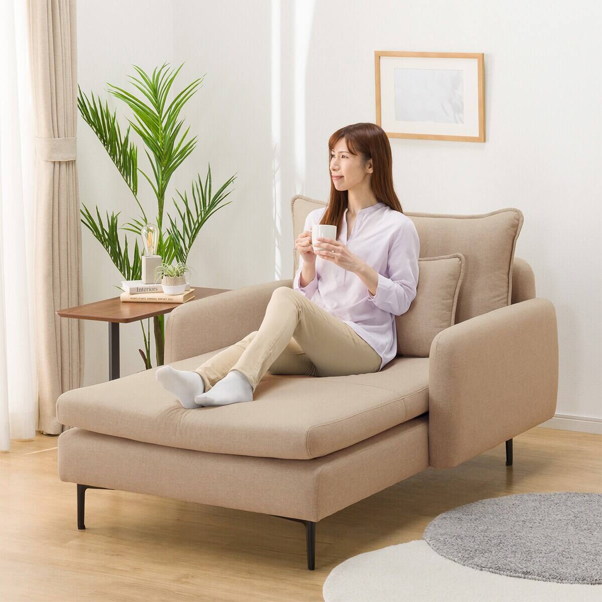 広い座面のゆったり シェーズロング 布張りタイプ (MS01 肘あり BE 広い座面のゆったり シェーズロング 布張りタイプ (MS01 肘あり BE