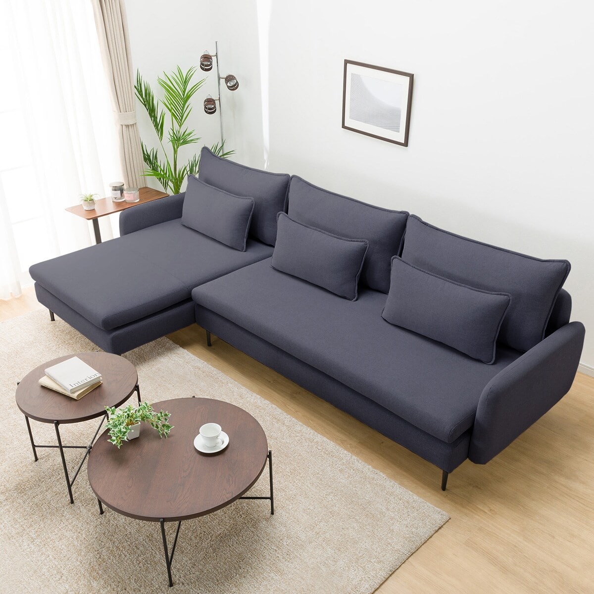 広い座面のゆったり 3人掛けソファ + シェーズセット 布張りタイプ