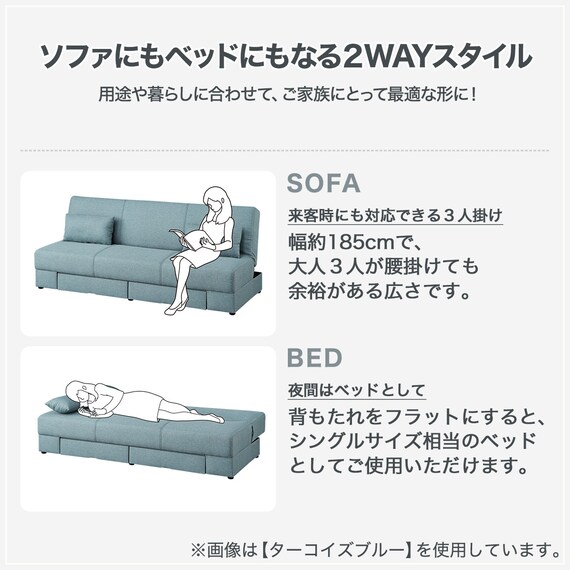 引出し収納付きソファベッド 布張りタイプ (DJ08 TBL) 3枚目画像