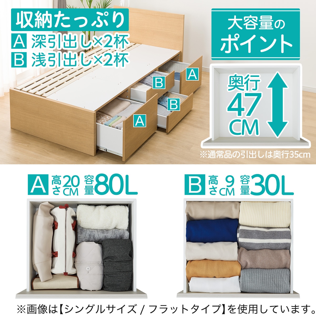フラットヘッドボードチェストベッド+ハンガーシェルフセット(N