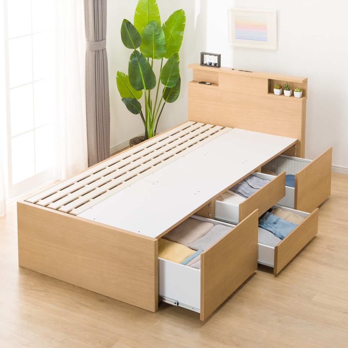 棚・コンセント・ライト付きチェストベッド+ハンガーシェルフセット(N