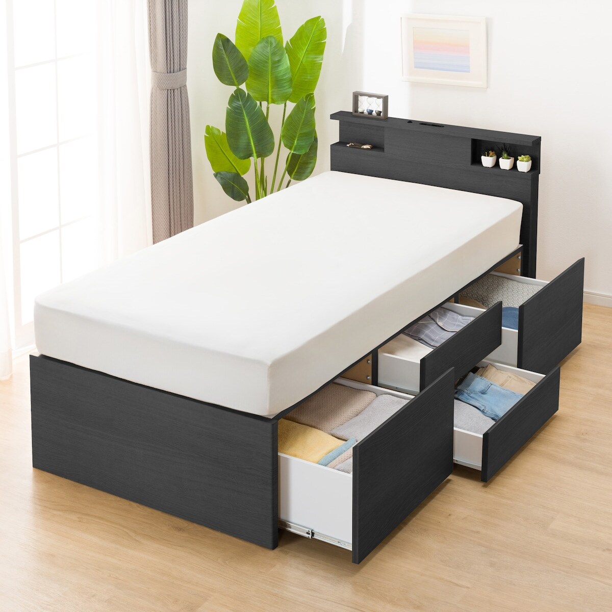 シングル棚・コンセント・ライト付きチェストベッドフレーム(N-ジオC