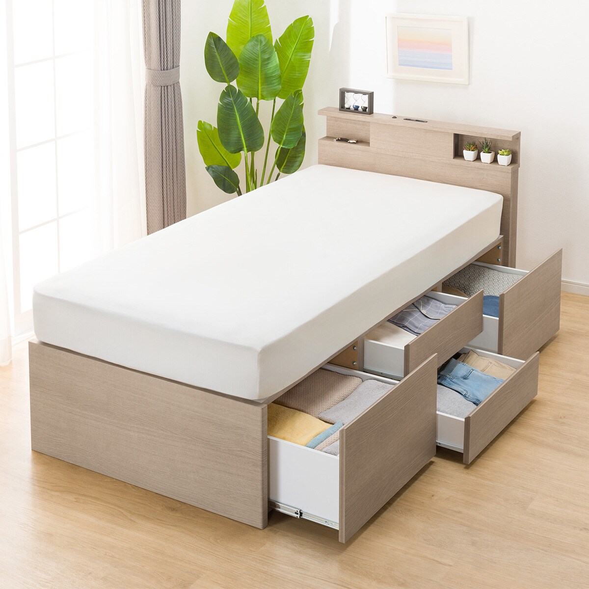 シングル棚・コンセント・ライト付きチェストベッドフレーム(N-ジオC