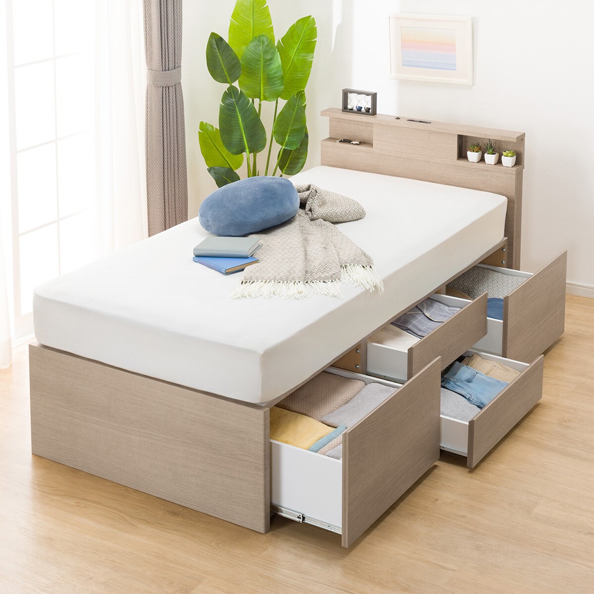 シングル棚・コンセント・ライト付きチェストベッドフレーム(N-ジオC