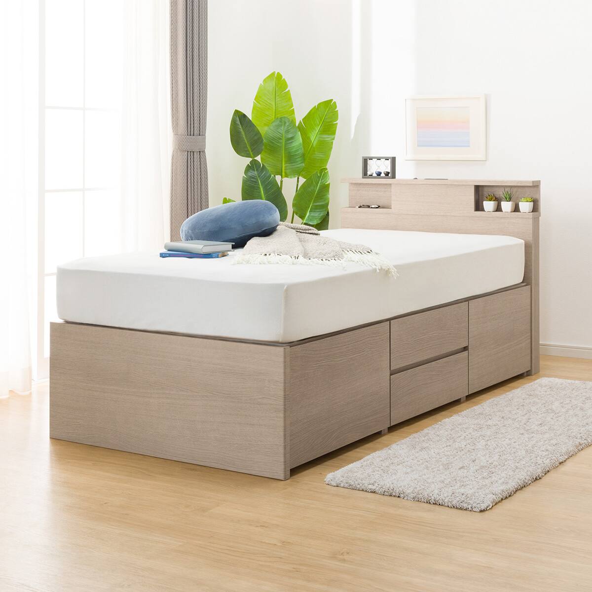 シングル棚・コンセント・ライト付きチェストベッドフレーム(N-ジオC