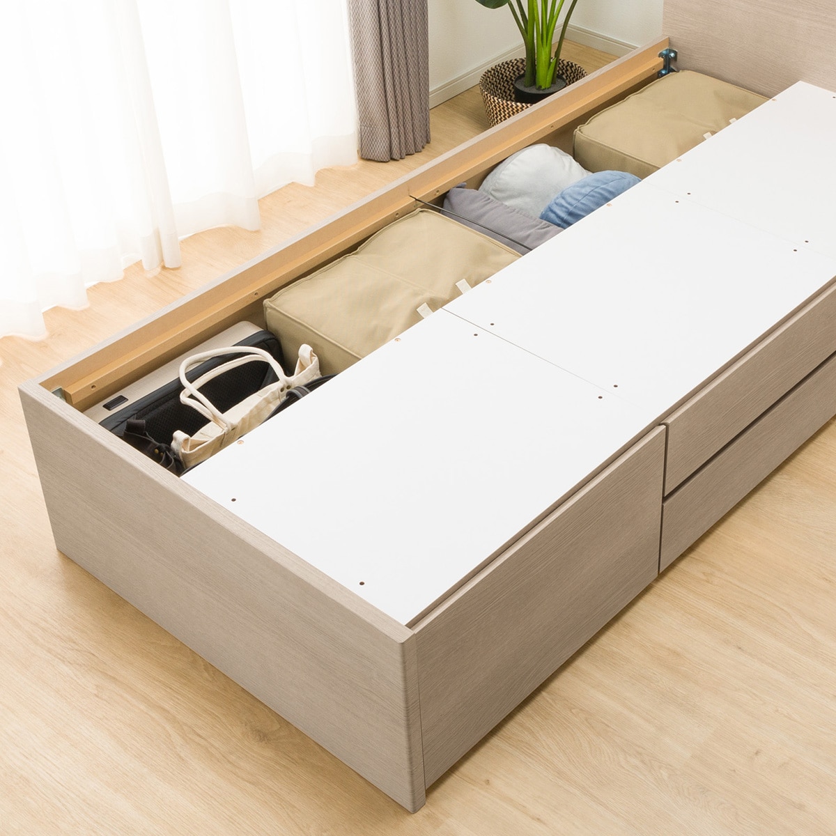 シングル棚・コンセント・ライト付きチェストベッドフレーム(N-ジオC