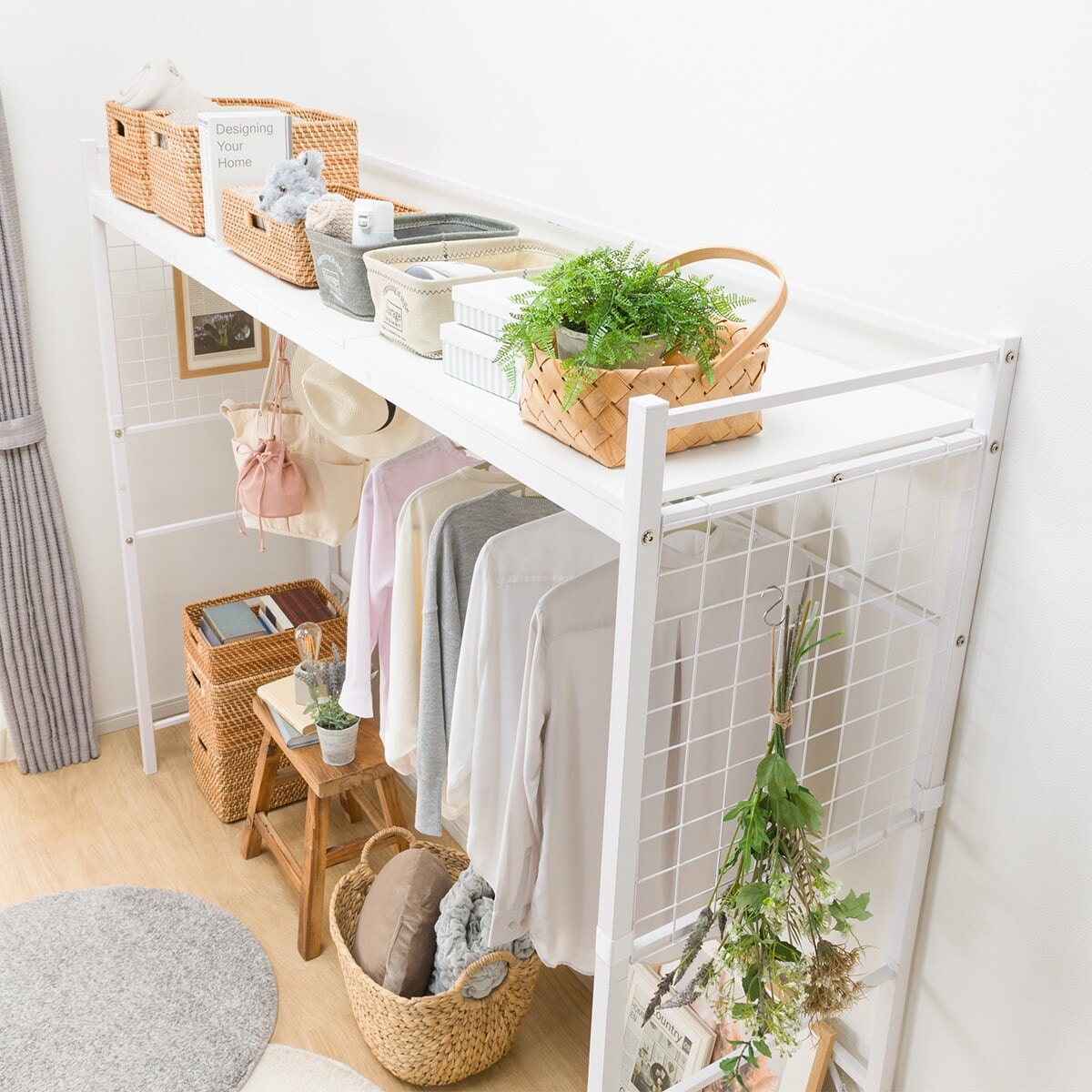 フラットヘッドボードチェストベッド+ハンガーシェルフセット(N-ジオF