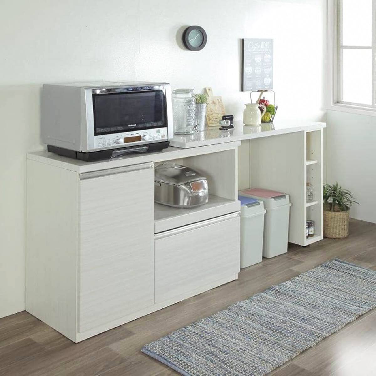 送料込！！ホワイト　キッチンカウンター　鏡面　島忠ホームズ　スライドレール付 ツーウェイ キッチン家電下引き出し＆スライドテーブル タワー