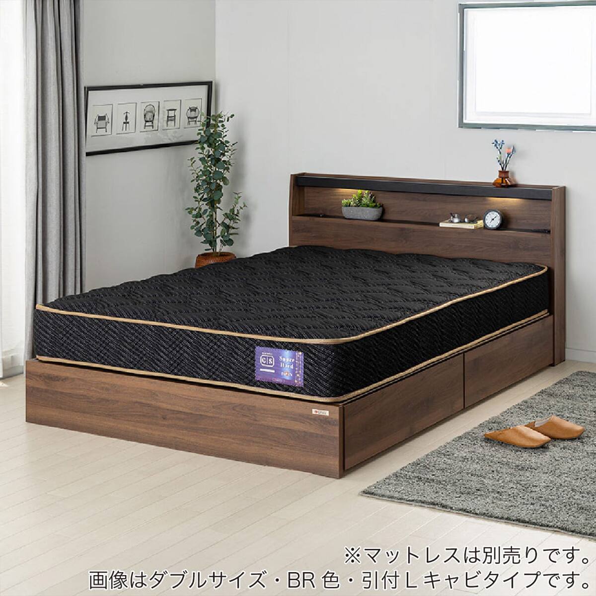ダブル 棚・照明・コンセント・収納付きベッドフレーム(ベッセLC DB