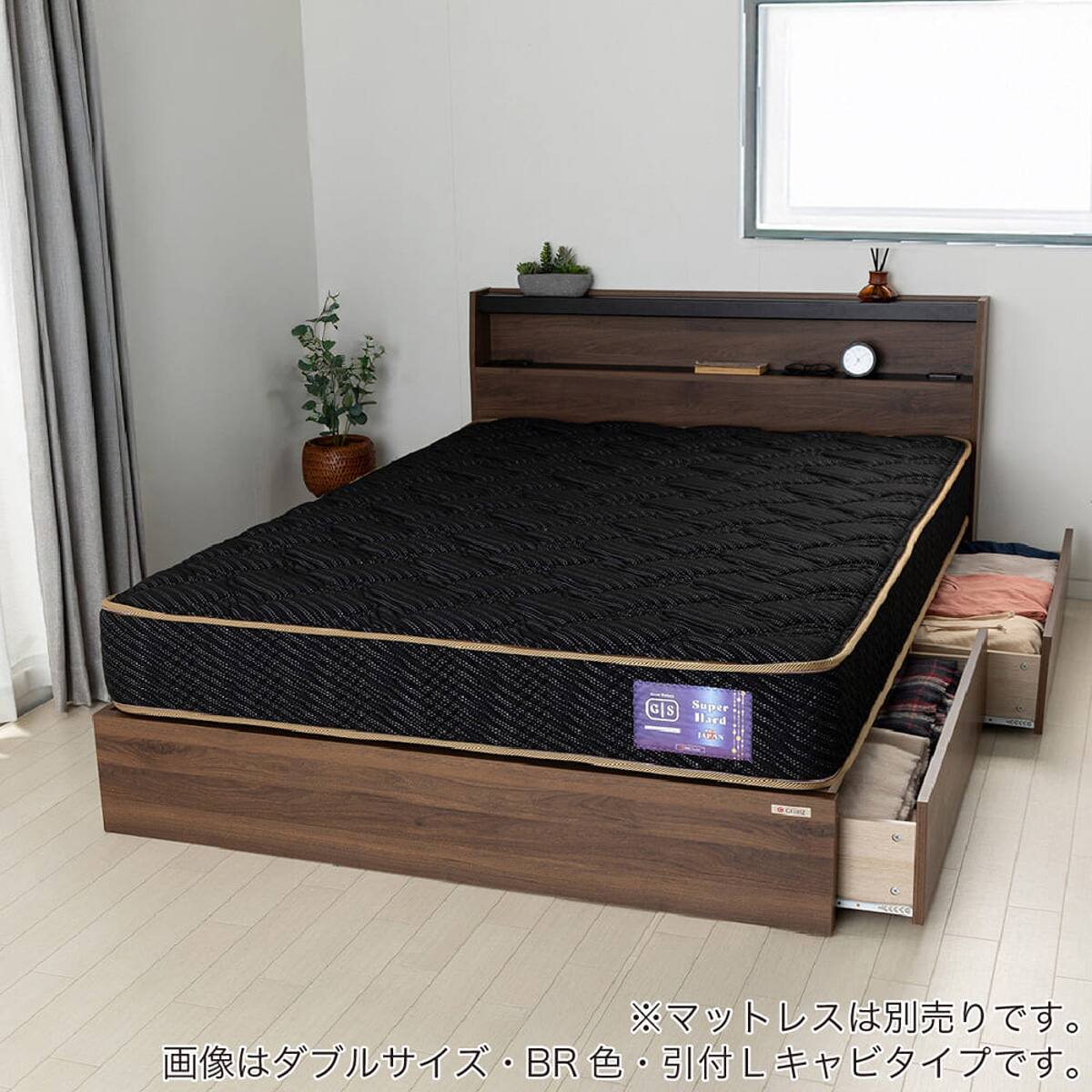 ダブル 棚・照明・コンセント・収納付きベッドフレーム(ベッセLC DB