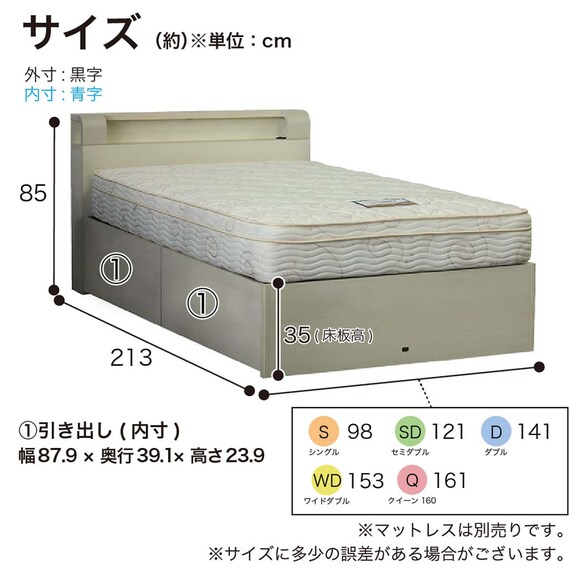 シングル 棚・コンセント・照明・収納付きベッドフレーム(シエラシェルフ 深型引付き WH)【島忠ホームズ商品】 16枚目画像