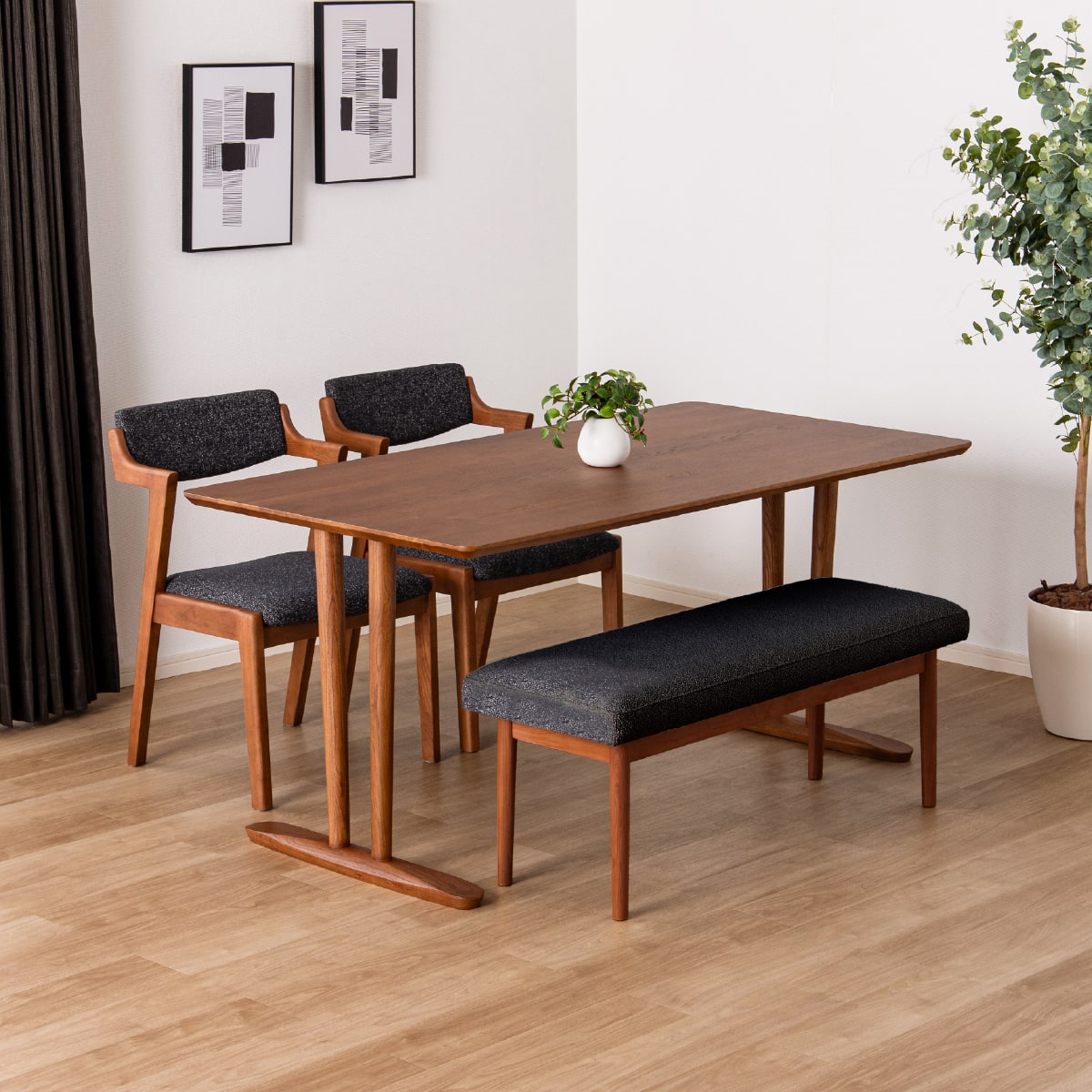 ダイニング4点セット(オルソン 幅150cm BR+2本脚 BR+ベンチ BR/BK+