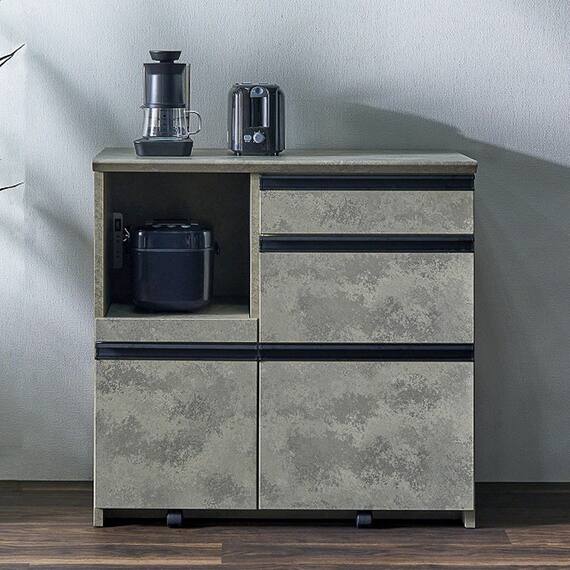 石目柄モダンカウンター (家電収納タイプ 幅90.5cm グレー) 2枚目画像