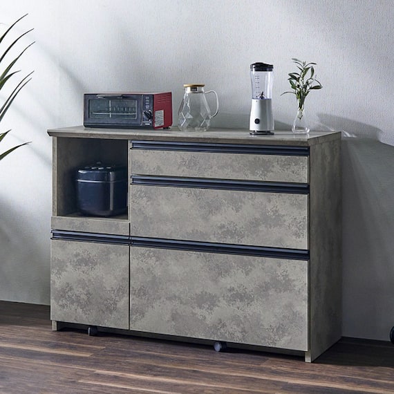 石目柄モダンカウンター (家電収納タイプ 幅117cm グレー) 1枚目画像