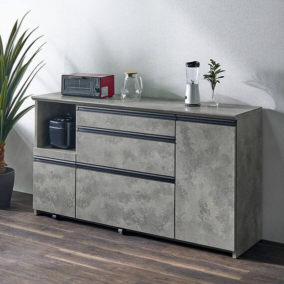 石目柄モダンカウンター (家電収納タイプ 幅157.5cm グレー) 1枚目画像