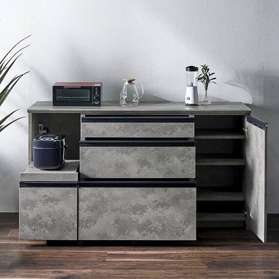 石目柄モダンカウンター (家電収納タイプ 幅157.5cm グレー) 3枚目画像