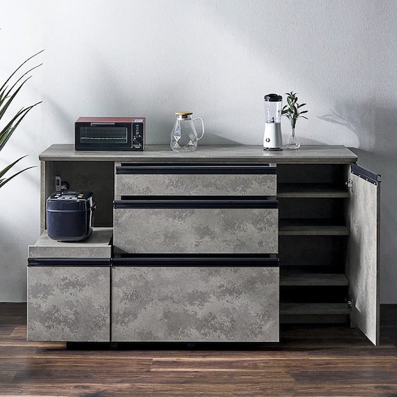 石目柄モダンカウンター (家電収納タイプ 幅157.5cm グレー) 3枚目画像