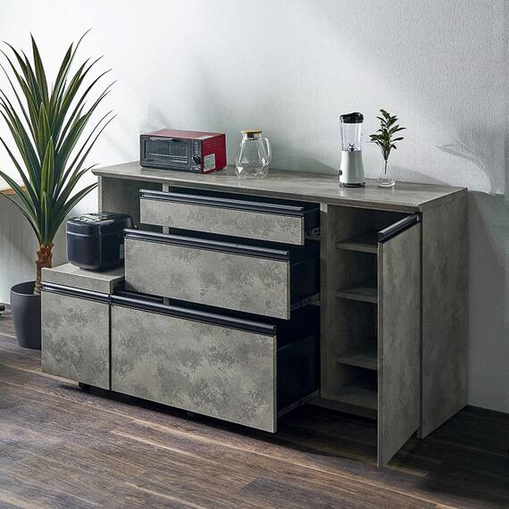 石目柄モダンカウンター (家電収納タイプ 幅157.5cm グレー) 4枚目画像